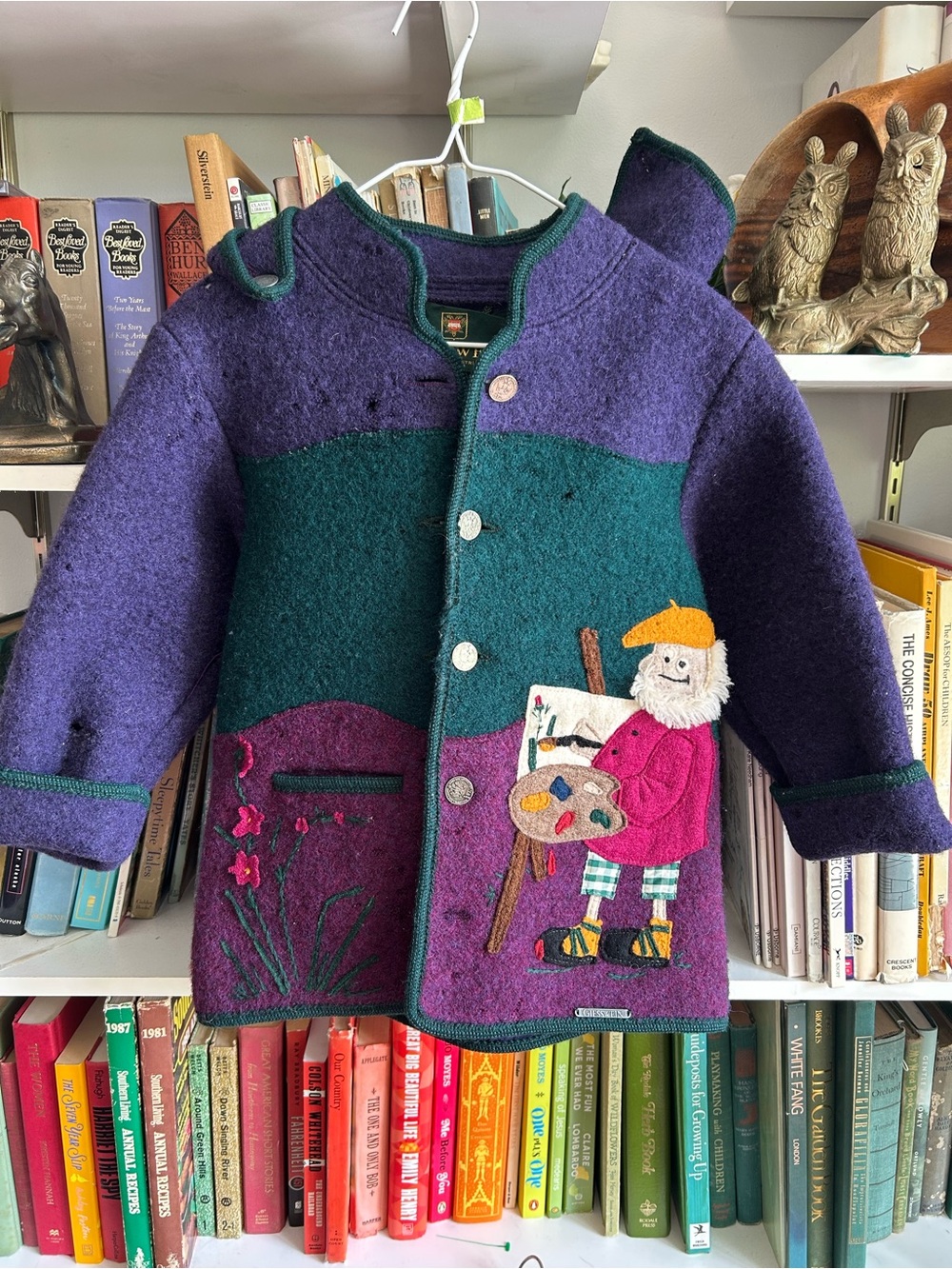Giesswein Purple & Teal Kids Wool Pea Coat with Artist Patch